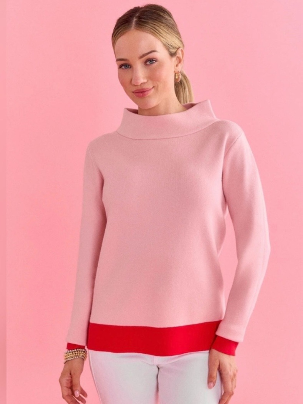 Avara Janine Light Pink Mock Neck Sweater with Red Trim (XS)